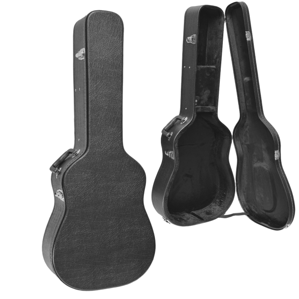 Hard Case HC1005 black shaped acoustic guitar hardcase closed exterior view, with an inset of the open case revealing a dark plush interior.