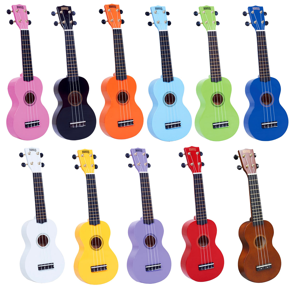 A grid displaying eleven soprano ukuleles in pink, black, orange, light blue, green, dark blue, white, yellow, purple, red, and brown.