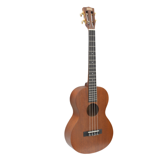A brown Mahalo baritone ukulele showing the large front body, soundhole, fretboard, and headstock with tuning pegs.