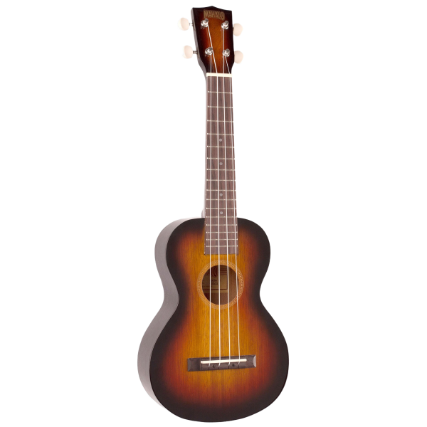 A Mahalo concert ukulele featuring a three-tone sunburst finish, front body, fretboard, strings, and headstock.