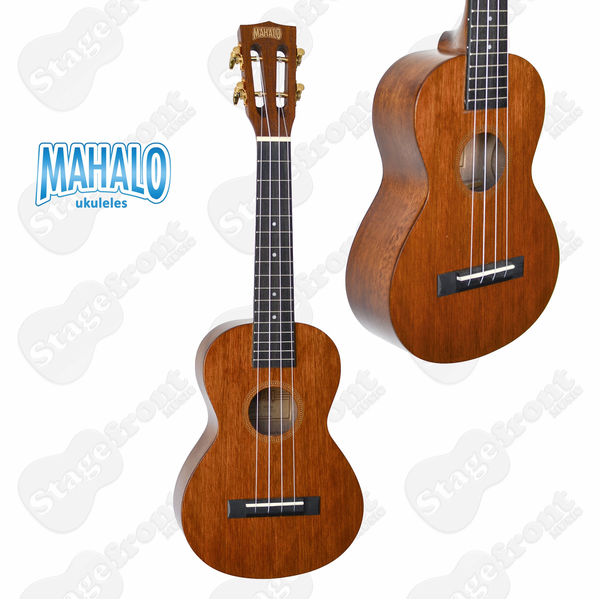 A brown Mahalo concert ukulele showing the front body, soundhole, strings, and headstock with tuning pegs.