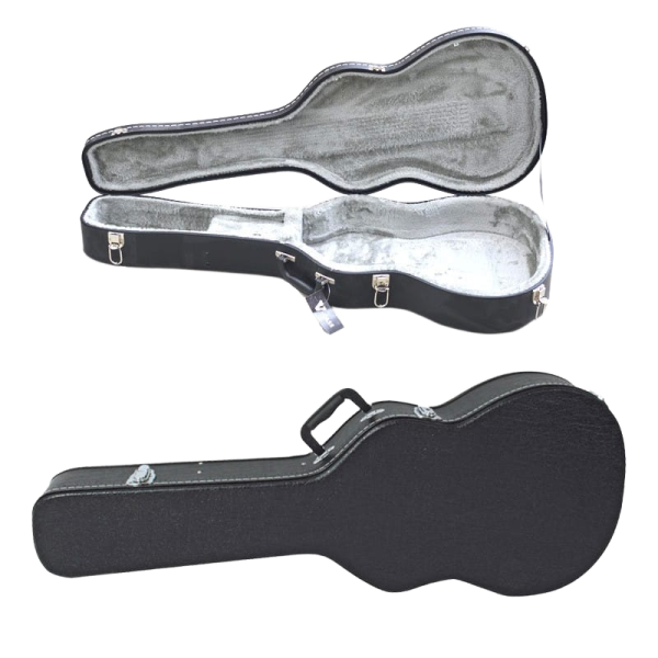 V-Case HC1001 black shaped classical guitar hardcase with an attached product tag on the handle, alongside an inset of the open case revealing a grey plush interior.