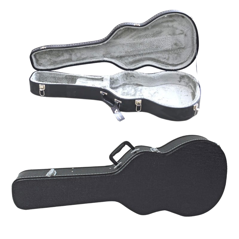 V-Case HC1001 black shaped classical guitar hardcase with an attached product tag on the handle, alongside an inset of the open case revealing a grey plush interior.