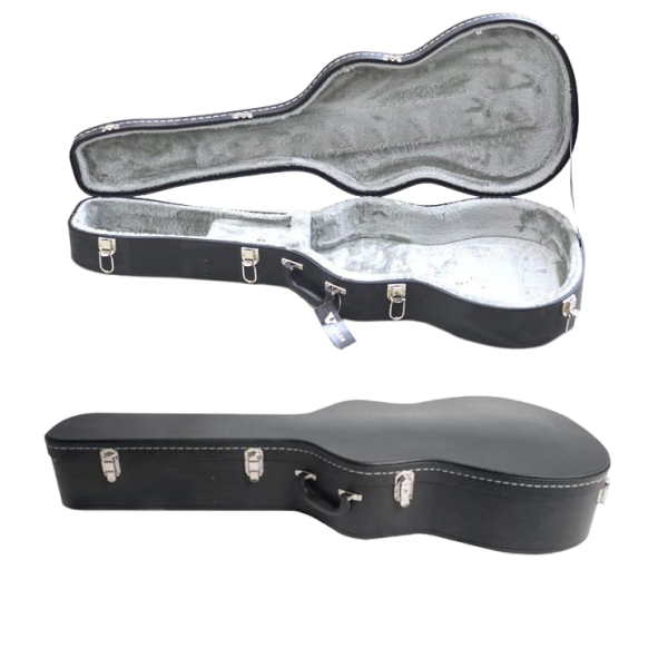 Composite image showing a closed black shaped acoustic guitar case and an inset view of the open case highlighting a light grey plush interior.