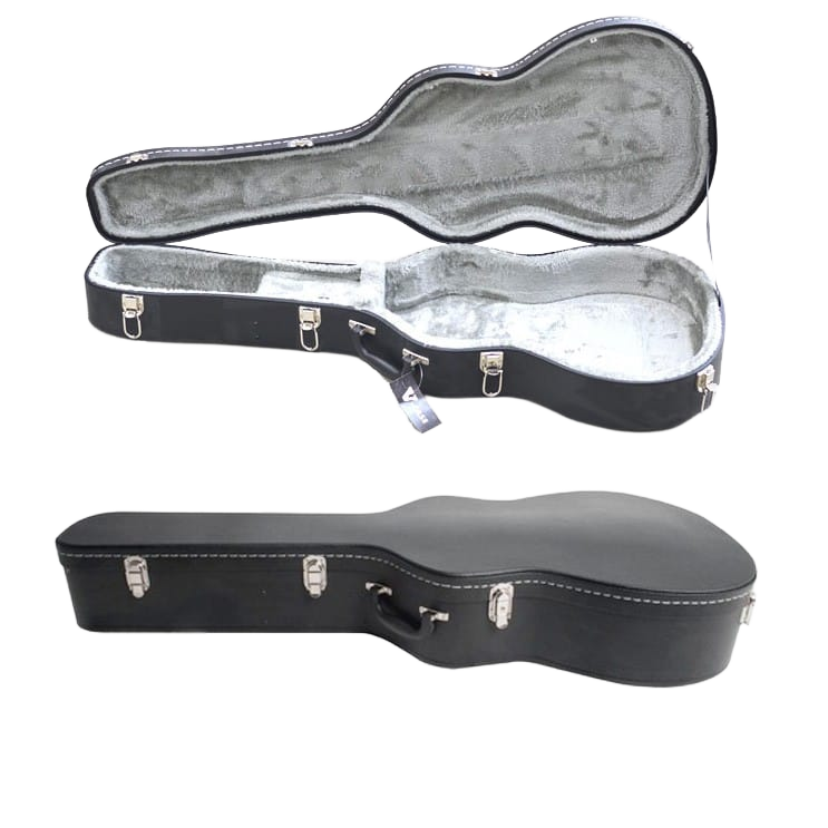 Composite image showing a closed black shaped acoustic guitar case and an inset view of the open case highlighting a light grey plush interior.