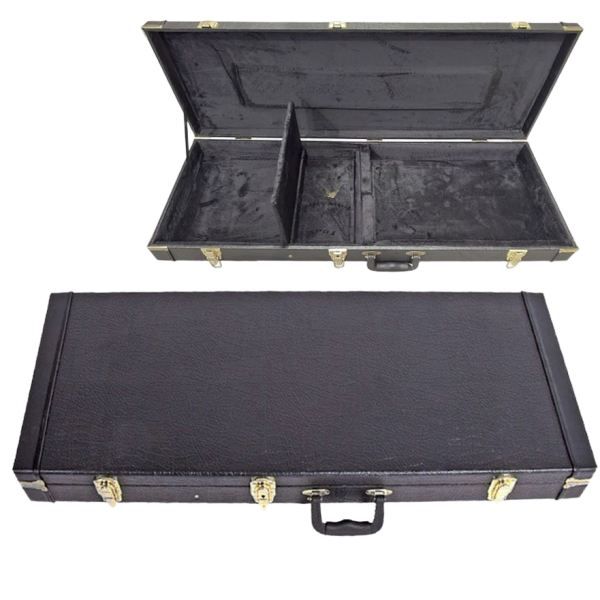 Composite product image featuring a closed black rectangular guitar case and an inset view of the open case highlighting the black plush interior and storage compartment.