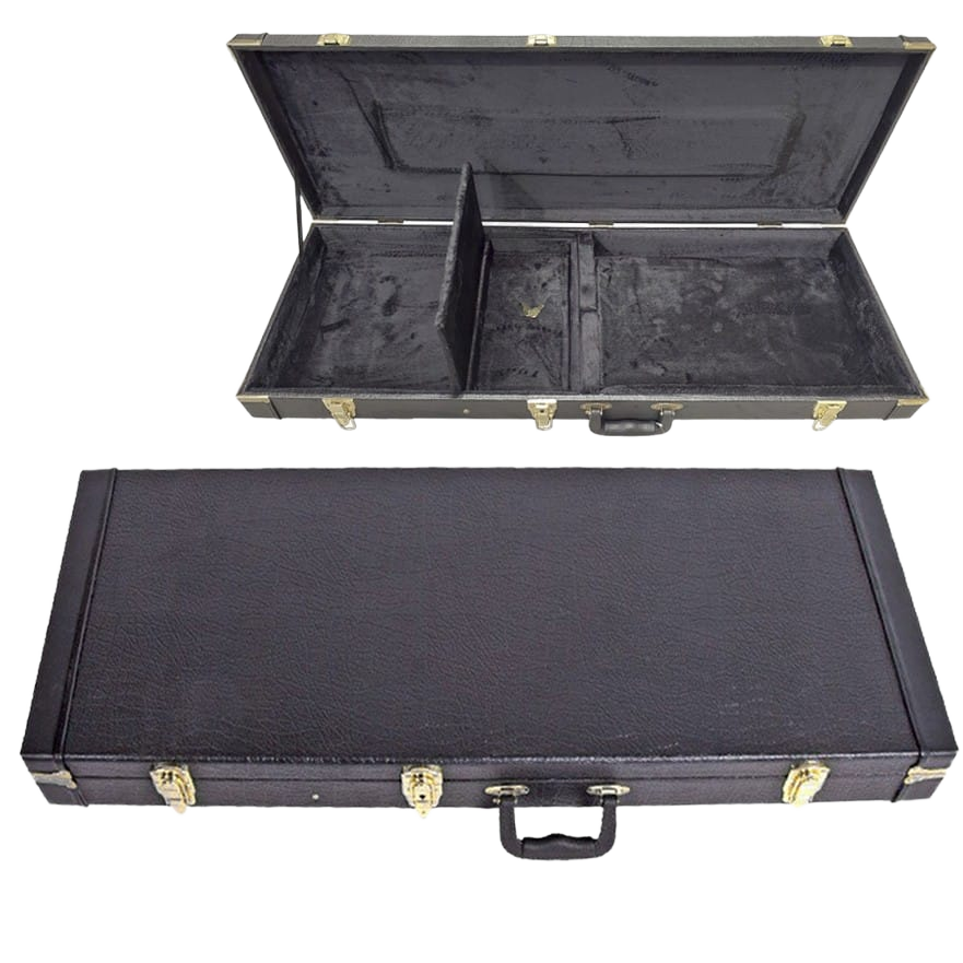 Composite product image featuring a closed black rectangular guitar case and an inset view of the open case highlighting the black plush interior and storage compartment.