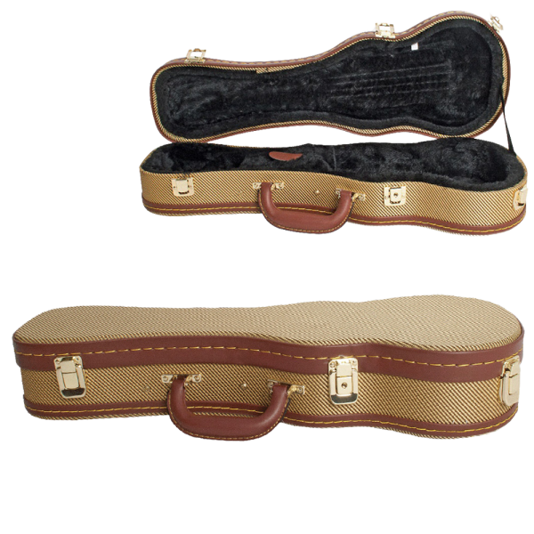 Two views of the Xtreme HC460 soprano ukulele hard case; the top view shows the case open revealing a black plush interior, and the bottom view shows the case closed displaying its yellow tweed exterior and brass-colored latches.