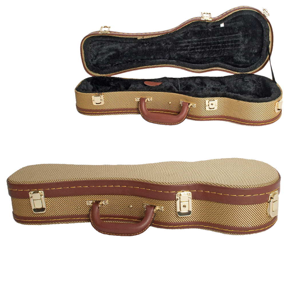 Two views of the Xtreme HC460 soprano ukulele hard case; the top view shows the case open revealing a black plush interior, and the bottom view shows the case closed displaying its yellow tweed exterior and brass-colored latches.