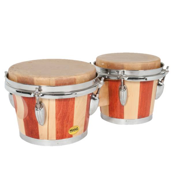 Mano Percussion MP714 tunable bongos featuring a two-tone light and dark wood striped shell, chrome hardware, and natural skin heads against a white background.