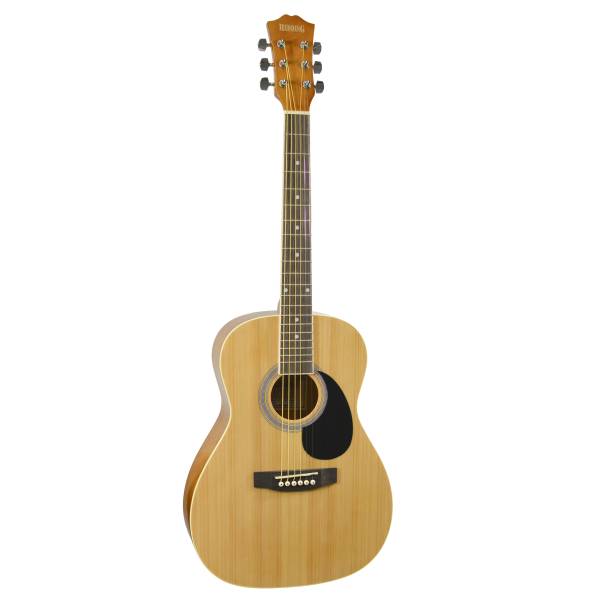 A natural finish Redding RED34 ¾ size dreadnought acoustic guitar showcasing its spruce top and compact body shape.