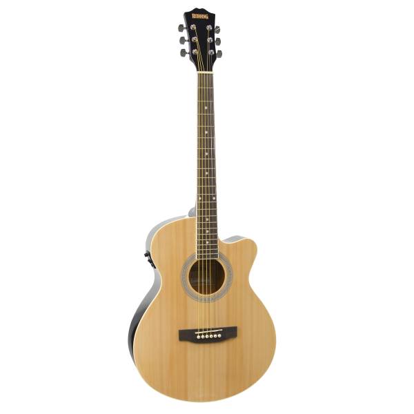 A Redding RGC51CE Grand Concert acoustic-electric guitar showing its spruce top, deep Venetian cutaway, and solid rosewood bridge.