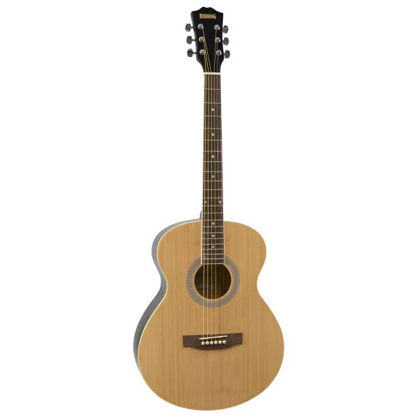 The Redding RGC51 Grand Concert acoustic guitar showcasing its contoured spruce top body and triple ring herringbone rosette.