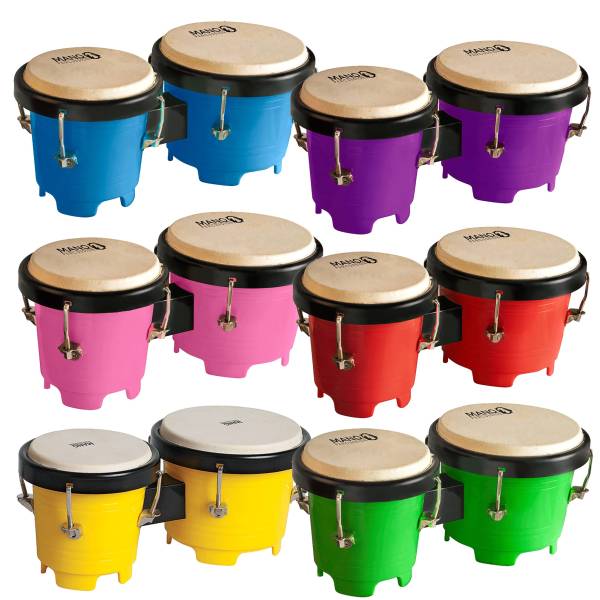 Six sets of Mano Percussion Tunable Mini Bongos displayed in bright blue, purple, pink, red, yellow, and green.