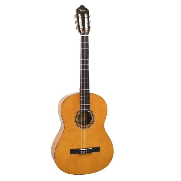 Valencia Series 200 VC204H full-size hybrid neck classical guitar featuring a 45mm narrow nut width, natural gloss Sitka spruce top, and ebonized maple fingerboard on a white background.