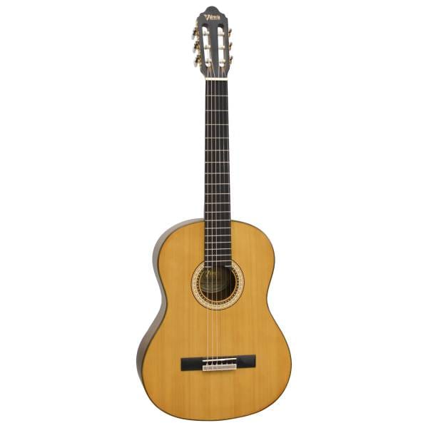 Valencia Series 400 VC404 full-size classical guitar featuring a select Sitka spruce top, nato back and sides, and gold-plated machine heads on a white background.