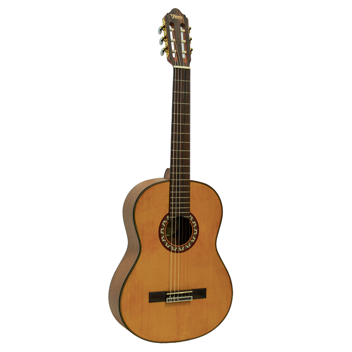 Valencia Series 400 VC404 full-size classical guitar featuring a select Sitka spruce top, nato back and sides, and gold-plated machine heads on a white background.