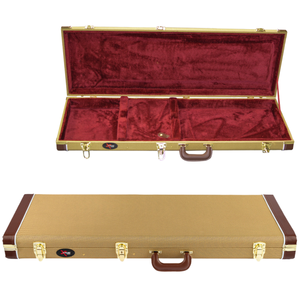Open rectangular guitar case featuring deep red plush lining and accessory compartments, positioned above a closed vintage tweed case with brown ends, gold hardware, and a brown handle.
