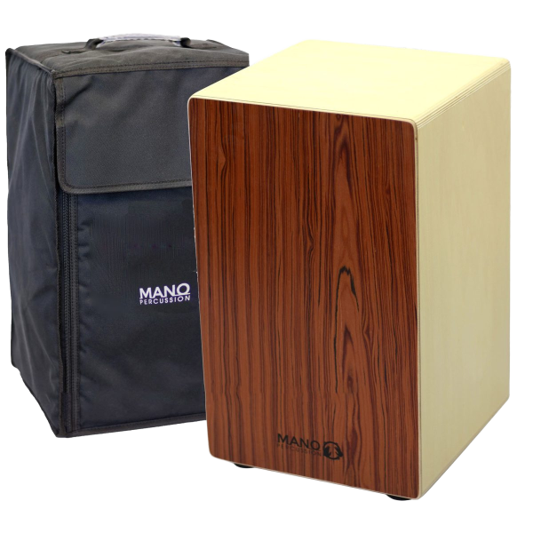 The Mano Percussion MP985 wooden cajon with a rosewood veneer front, sitting next to its included black padded carry bag.