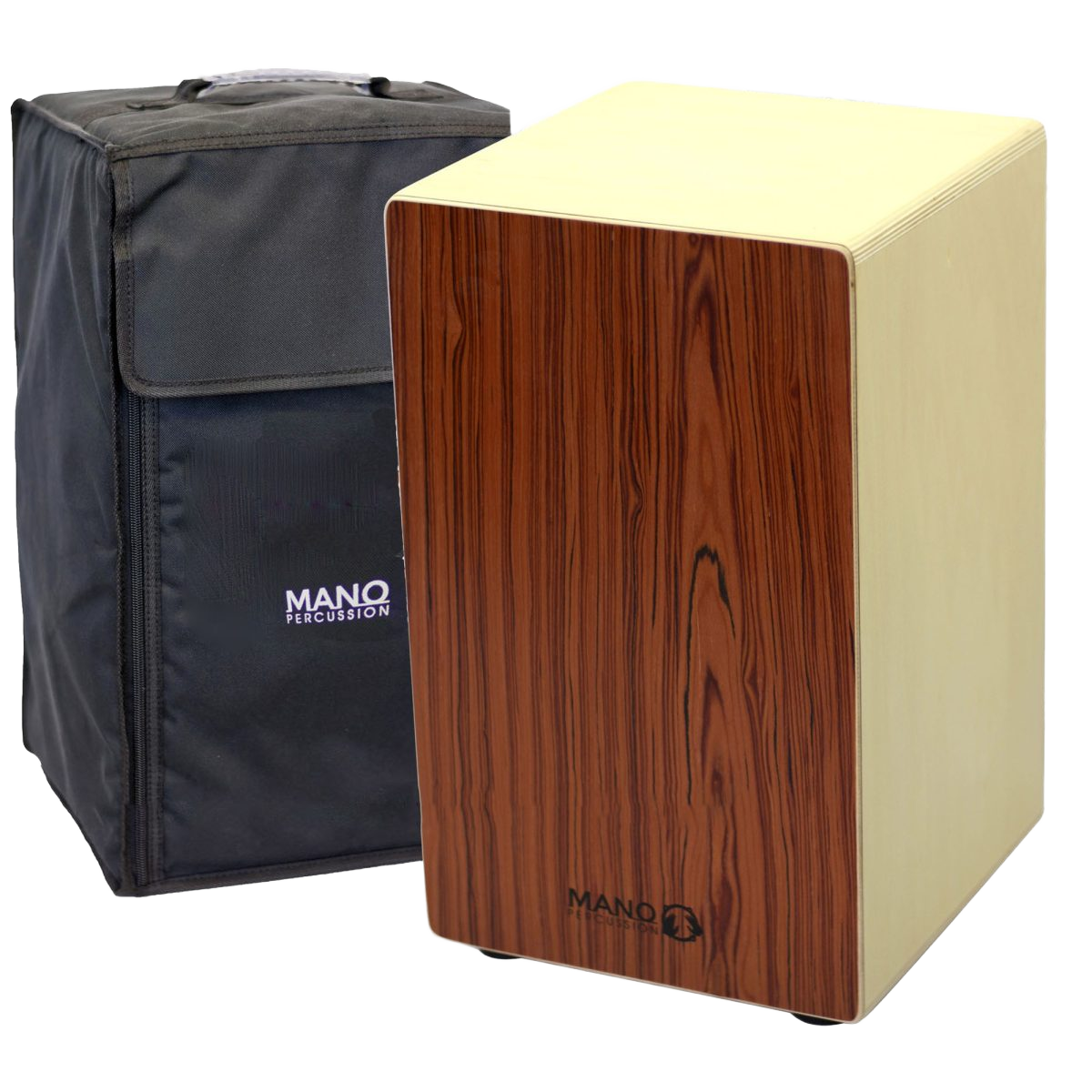 The Mano Percussion MP985 wooden cajon with a rosewood veneer front, sitting next to its included black padded carry bag.