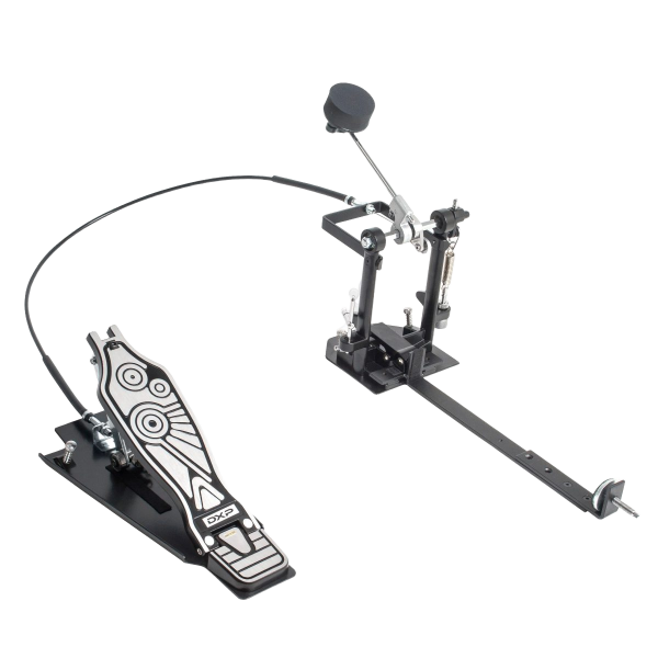 The DXP DXPCP20 cajon drum kick pedal showing the black metal footboard connected via a black cable to the beater assembly with a soft foam beater.