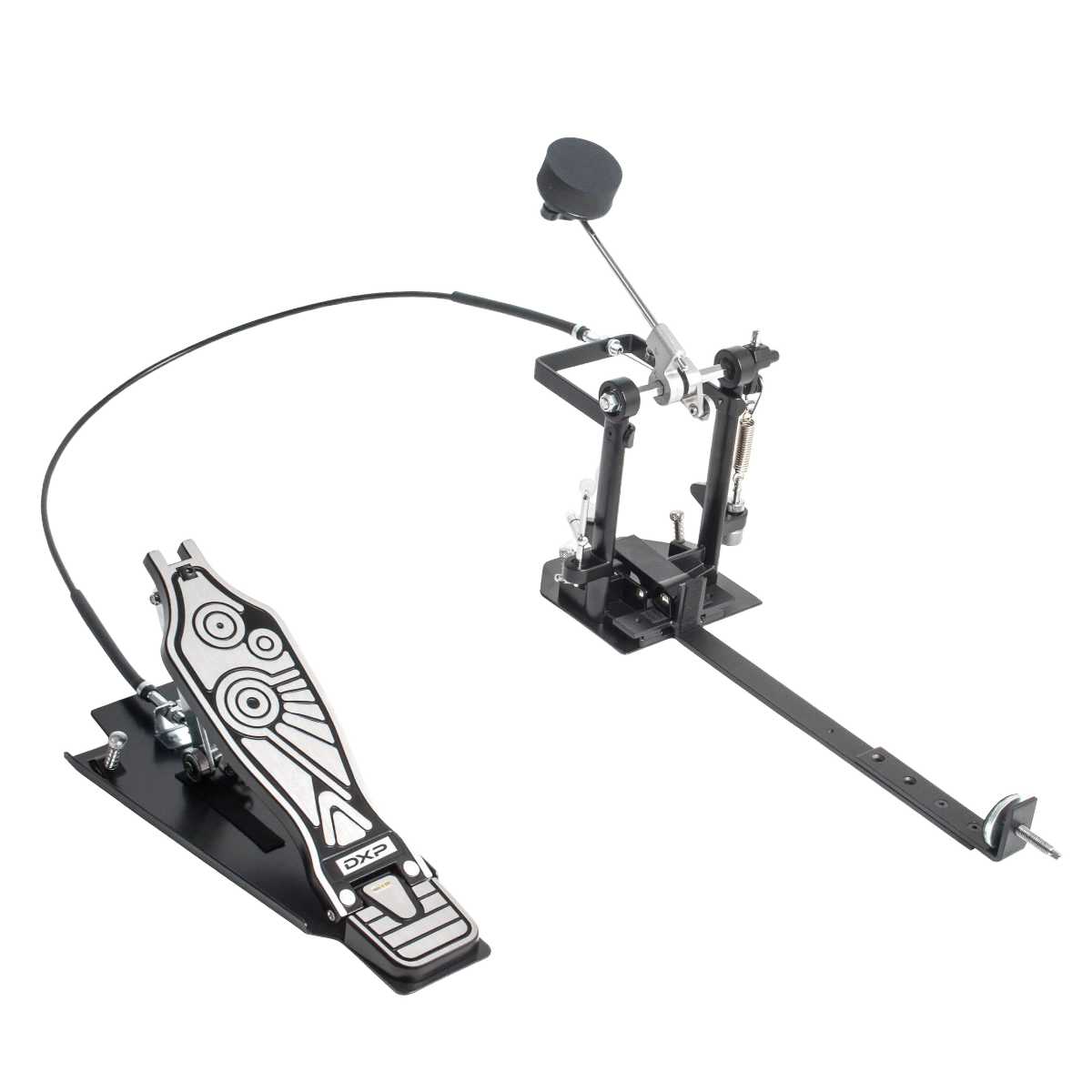 The DXP DXPCP20 cajon drum kick pedal showing the black metal footboard connected via a black cable to the beater assembly with a soft foam beater.