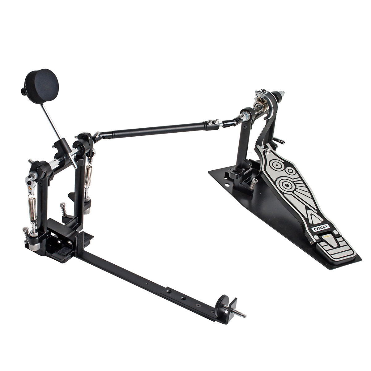 The DXP DXPCP30 PRO series cajon pedal showing the black metal footboard connected by a rigid metal drive shaft to the diecast beater assembly.