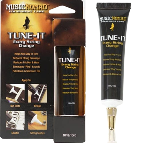 Music Nomad TUNE-IT packaging showing inset close-ups of application to nut slots, bridge, saddle, and string guides, alongside a physical tube of the lubricant with its applicator tip.