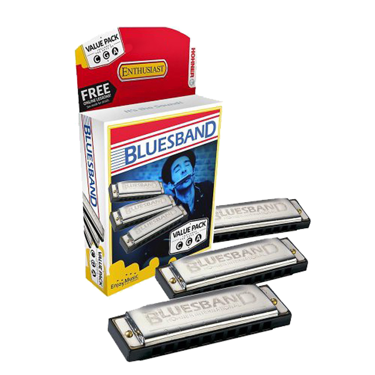 Three Hohner Bluesband diatonic harmonicas stacked vertically next to their colorful retail display box featuring a harmonica player.