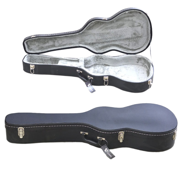 Shaped black smaller-body guitar hard case shown open and closed, featuring silver latches, white stitching, a grey plush interior, and a black V-Case tag hanging from the handle.