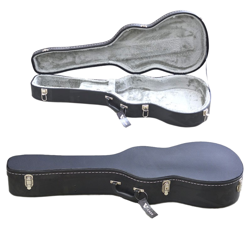 Shaped black smaller-body guitar hard case shown open and closed, featuring silver latches, white stitching, a grey plush interior, and a black V-Case tag hanging from the handle.