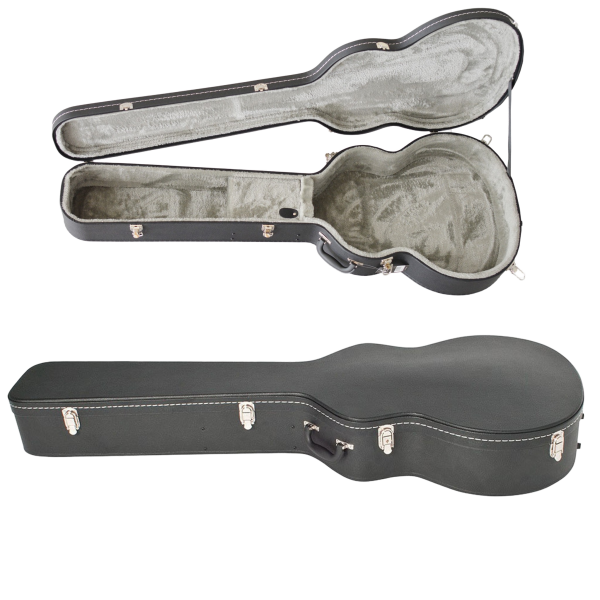 Shaped black acoustic bass hard case shown open and closed, featuring silver latches, white edge stitching, and a grey plush interior lining.