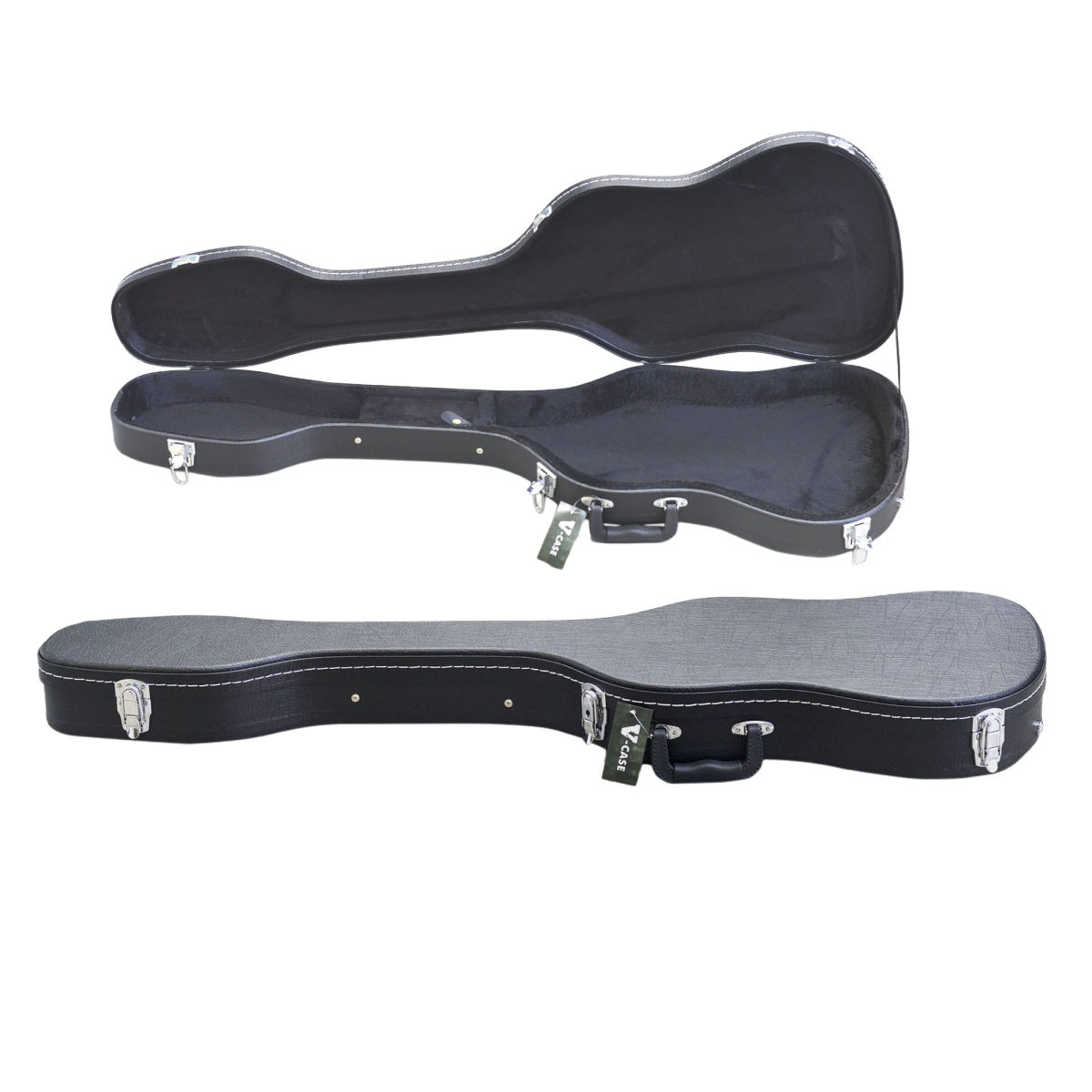 Shaped black electric bass hard case shown open and closed, featuring silver latches, white edge stitching, a black plush interior, and a green V-Case tag hanging from the handle.