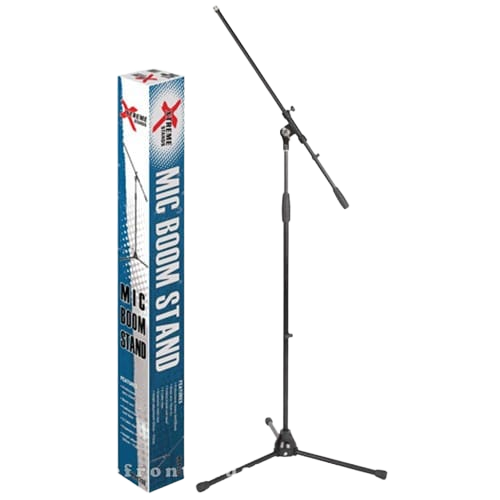 Heavy-duty black microphone boom stand with a tripod base positioned next to its tall, blue and white retail display packaging, which displays printed illustrations of the stand in use.
