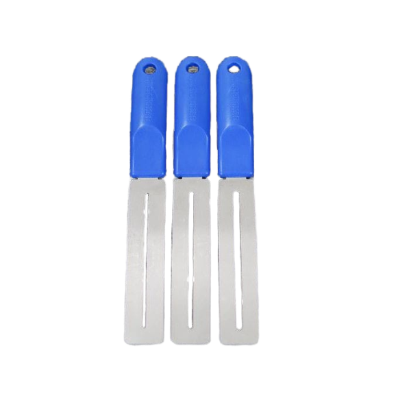 Three identical silver fretboard guards with vertical slots and blue curved handles featuring the Music Nomad logo.