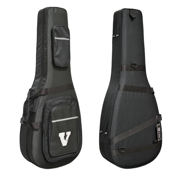 Front and back views of a black acoustic guitar case displaying a white V logo, zippered front pockets, adjustable backpack straps, and a V-Case tag.
