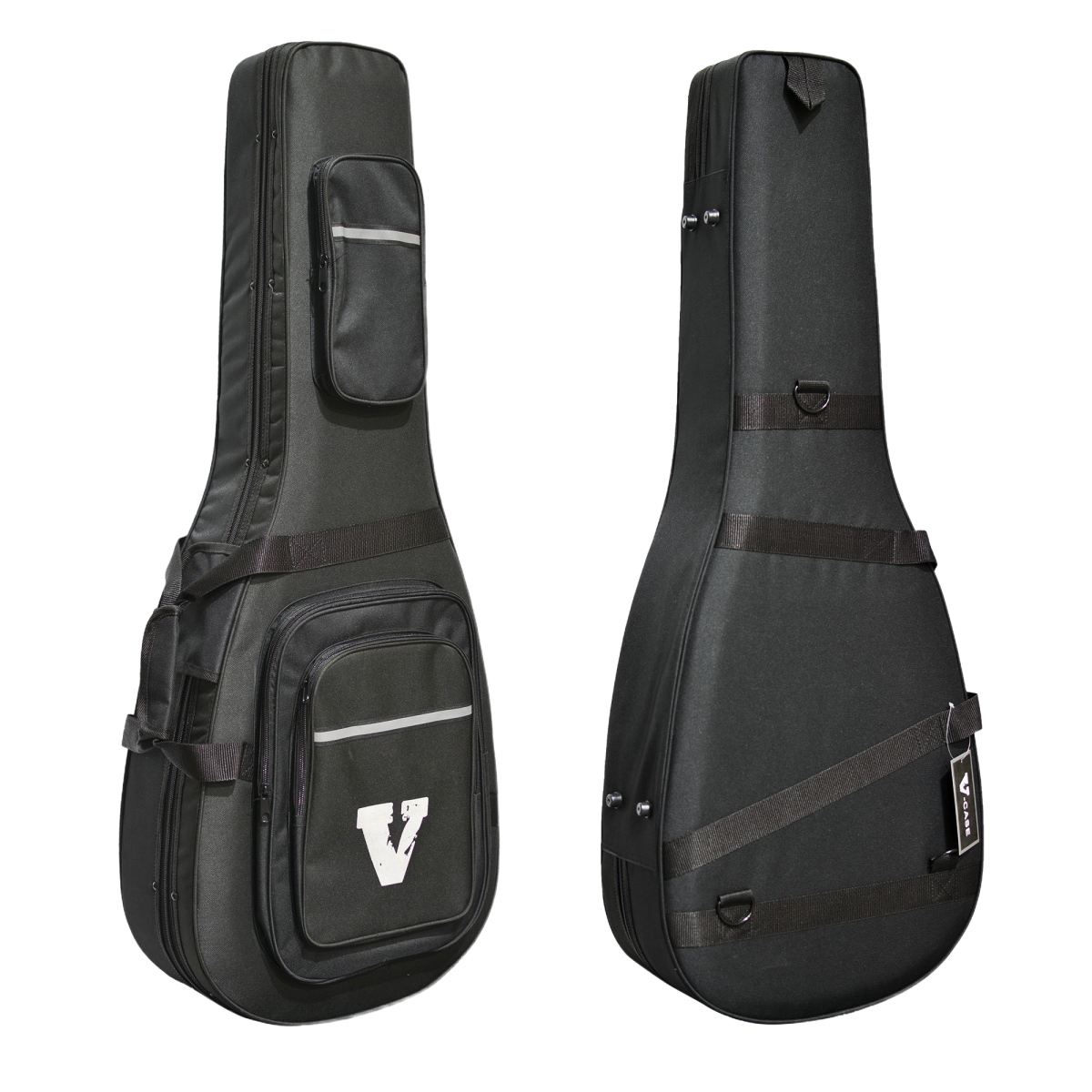 Front and back views of a black acoustic guitar case displaying a white V logo, zippered front pockets, adjustable backpack straps, and a V-Case tag.