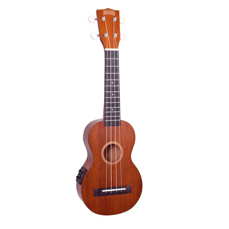 Mahalo MJ1VTTBR soprano ukulele in a transparent brown finish, featuring an electronic pickup control panel mounted on the side of the lower bout.