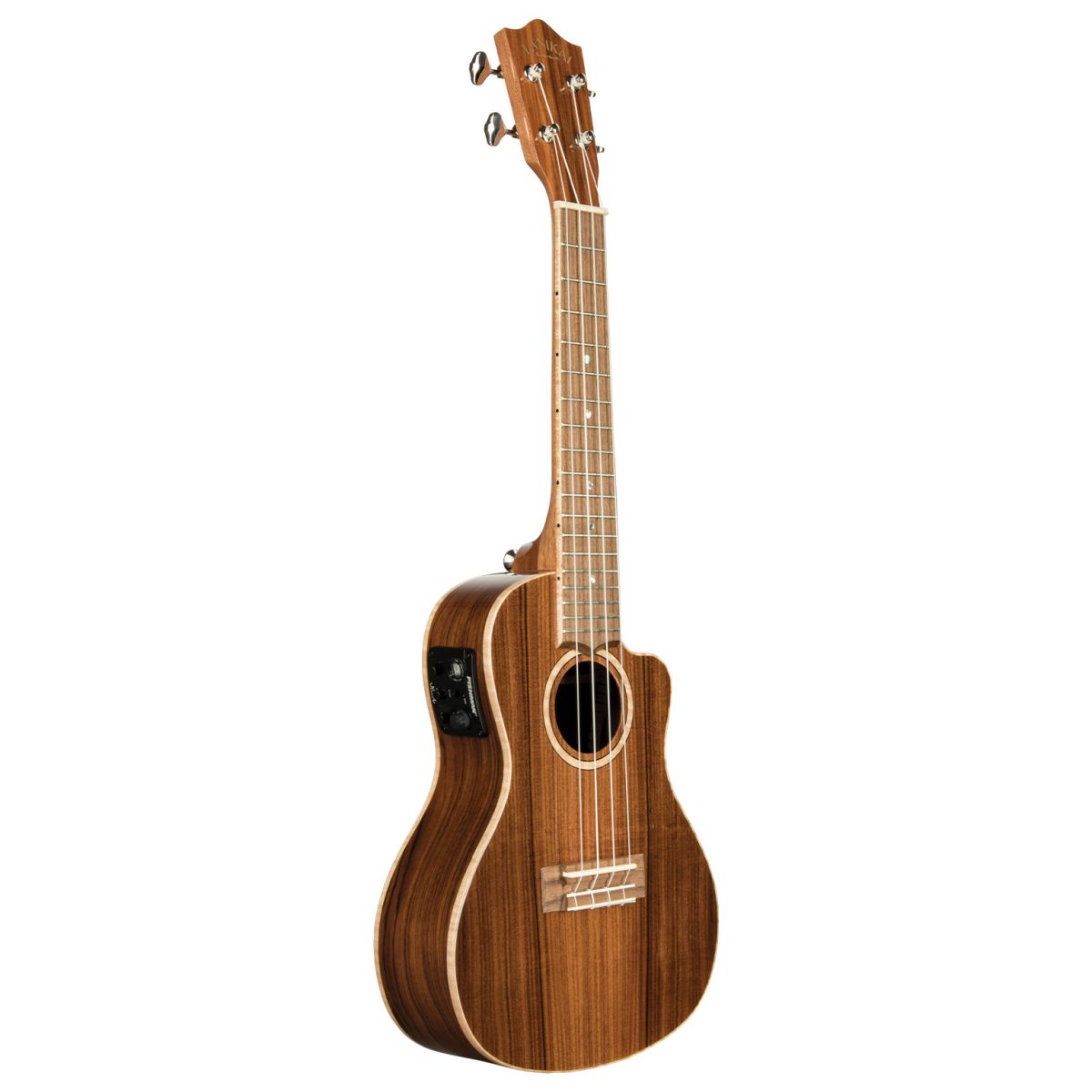 Concert ukulele with a striped morado wood body, lower bout cutaway, maple binding, and a side-mounted black preamp control panel.