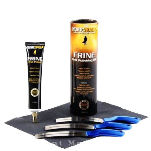 A black tube of Frine Fret Polish stands upright next to three silver fret guards with blue handles. To the right is a tall cylindrical retail container, and all items rest on a grey microfiber cloth.