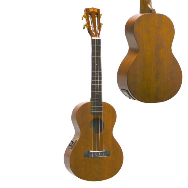 A brown Mahalo tenor ukulele shown from the front. next to it an inset highlights the wood grain on the back of the ukulele body.