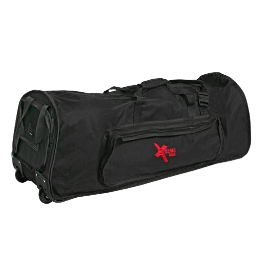 Long black hardware bag featuring wheels on one end, multiple carrying handles, a long zippered side compartment, and a red Xtreme Bags logo.