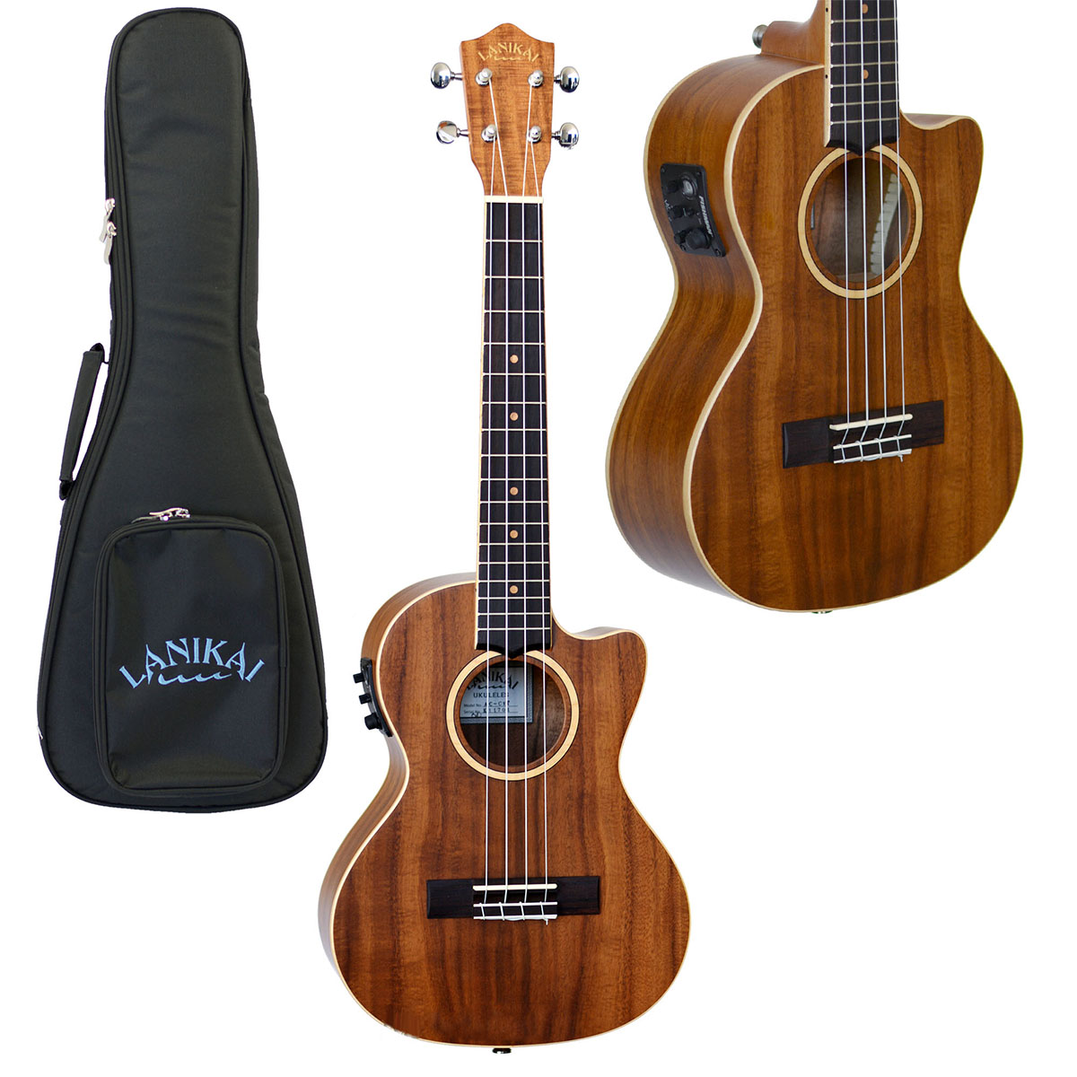 Lanikai LACCET Tenor Ukulele displayed next to a black Lanikai gig bag, with an inset image highlighting the side-mounted preamp.