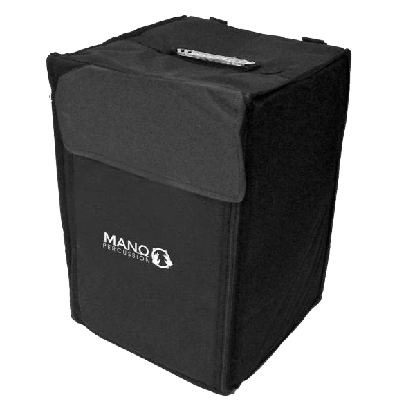 A black Mano Percussion cajon gig bag with top carry handle and top flap closure.