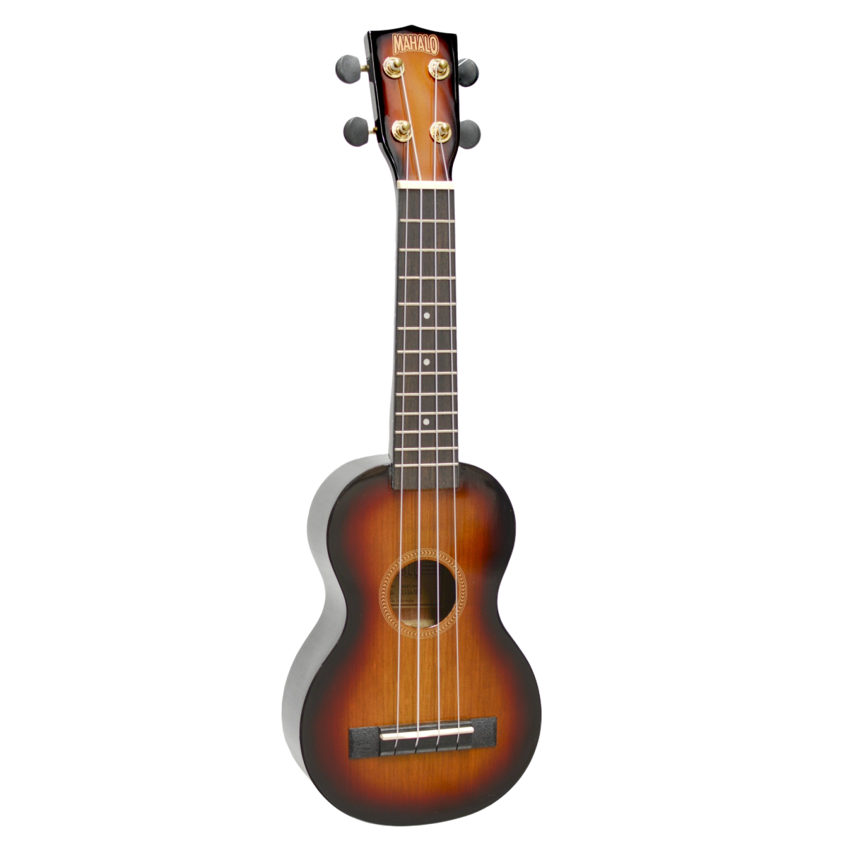 Front view of a sunburst finish tenor ukulele alongside an inset showing the back of the instrument's matching sunburst finish.