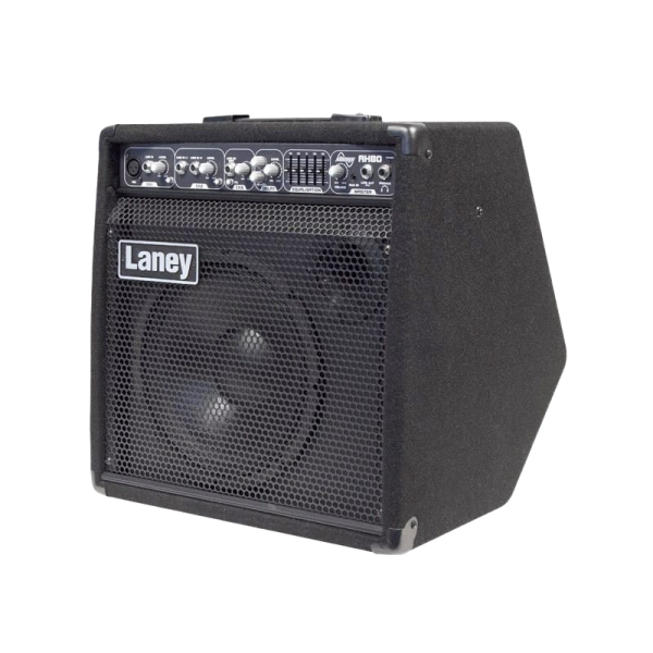 Angled side view of the black carpeted Laney Audiohub AH80 multi-instrument amplifier showing a sturdy metal grille and upper-front control interface.