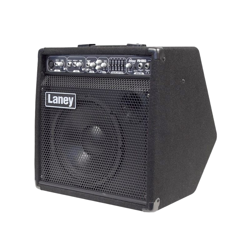 Angled side view of the black carpeted Laney Audiohub AH80 multi-instrument amplifier showing a sturdy metal grille and upper-front control interface.