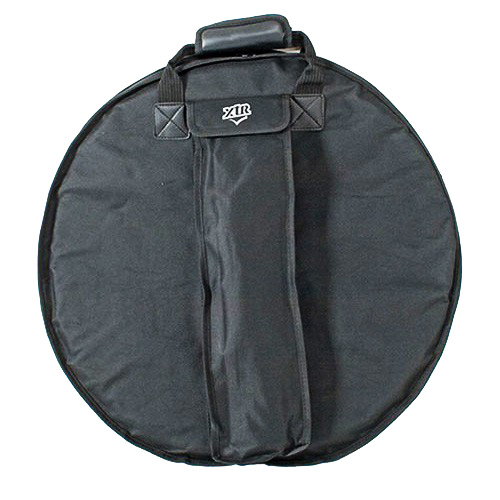 A circular black cymbal bag with a vertical front pocket, top carrying handle, and a small white logo.