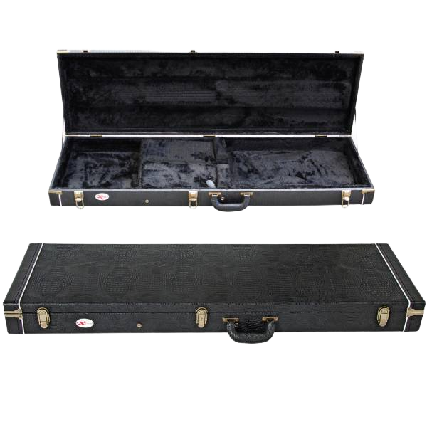 Rectangular black crocodile-textured hard case for bass guitars with gold latches, shown both closed and open revealing a plush black interior.