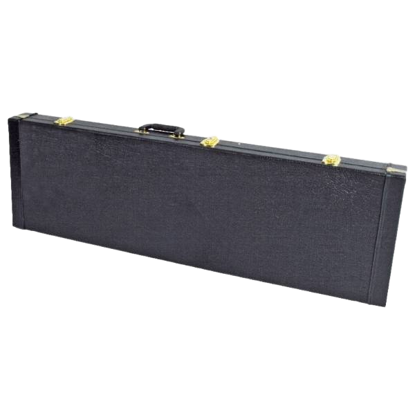 Rectangular black hard case for a guitar or bass with gold-colored latches and a black carrying handle.